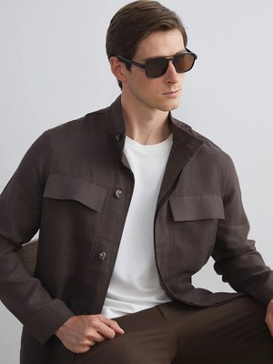LC Waikiki Kahverengi Standart Kalıp Gömlek Yaka Keten Erkek Ceket