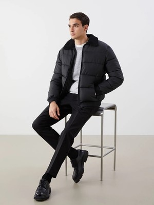 LC Waikiki Siyah Standart Kalıp Kürk Yaka Erkek Deri Görünümlü Mont