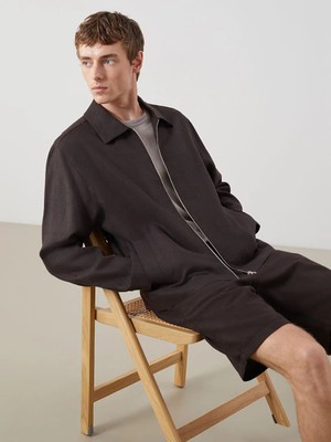 LC Waikiki Kahverengi Rahat Kalıp Gömlek Yaka Keten Erkek Mont