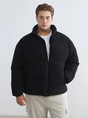 LC Waikiki Siyah Standart Kalıp Dik Yaka Kadife Erkek Şişme Mont