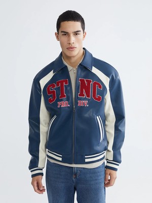 LC Waikiki Lacivert Rahat Kalıp Nakışlı Erkek Deri Görünümlü Mont