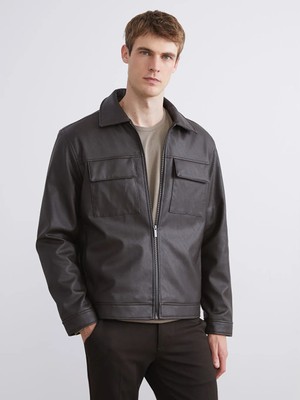 LC Waikiki Kahverengi Standart Kalıp Gömlek Yaka Erkek Deri Görünümlü Mont