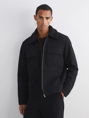 LC Waikiki Siyah Standart Kalıp Kürk Yaka Erkek Kaşe Mont