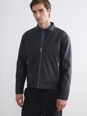 LC Waikiki Siyah Deri Görünümlü Mont Erkek Standart Kalıp Çapraz Yaka Özellikli Günlük Kullanım