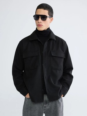 LC Waikiki Siyah Regular Fit Uzun Kollu Kaşe Erkek Gömlek Ceket