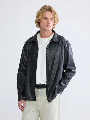 LC Waikiki Siyah Rahat Kalıp Deri Görünümlü Erkek Gömlek Ceket