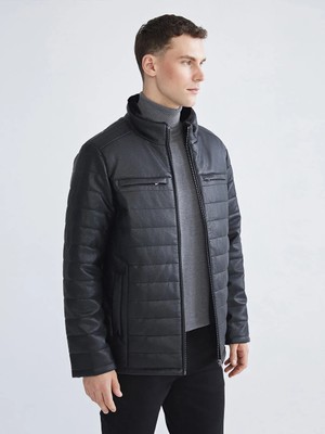 LC Waikiki Siyah Standart Kalıp Dik Yaka Erkek Deri Görünümlü Mont