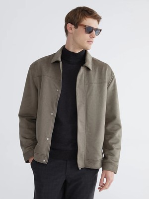 LC Waikiki Haki Standart Kalıp Gömlek Yaka Süet Erkek Mont