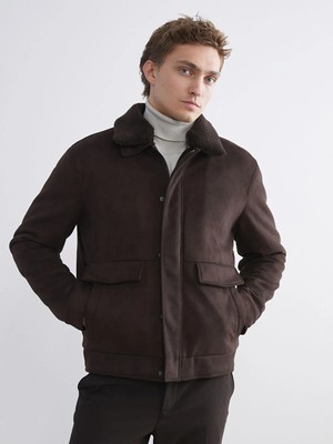 LC Waikiki Kahverengi Standart Kalıp Kürk Yaka Süet Erkek Mont