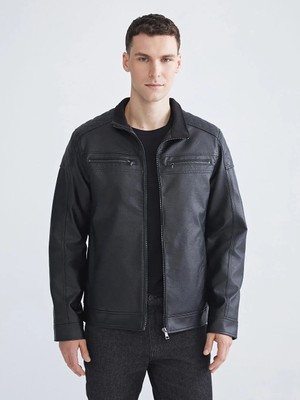 LC Waikiki Siyah Standart Kalıp Erkek Deri Görünümlü Ceket