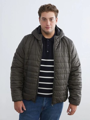 LC Waikiki Haki Büyük Beden Standart Kalıp Kapüşonlu Erkek Şişme Mont