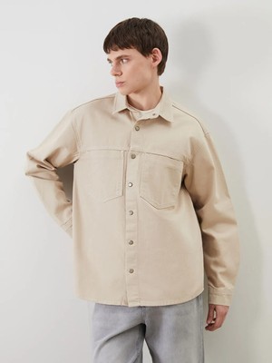 LC Waikiki Bej Rahat Kalıp Uzun Kollu Erkek Jean Gömlek Ceket