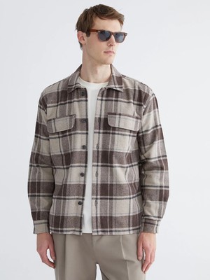 LC Waikiki Bej Regular Fit Ekose Yün Karışımlı Kaşe Erkek Gömlek Ceket