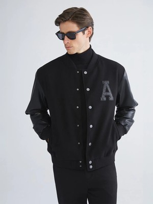 LC Waikiki Siyah Standart Kalıp Kolej Yaka Erkek Kaşe Mont