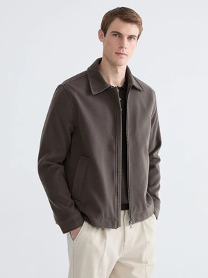 LC Waikiki Kahverengi Standart Kalıp Gömlek Yaka Yün Karışımlı Erkek Kaşe Mont