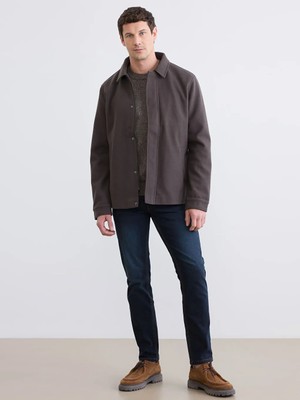 LC Waikiki Haki Standart Kalıp Gömlek Yaka Erkek Kaşe Mont