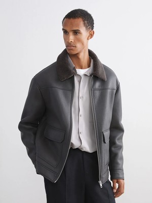 LC Waikiki Kahverengi Standart Kalıp Kürk Yaka Erkek Deri Görünümlü Mont