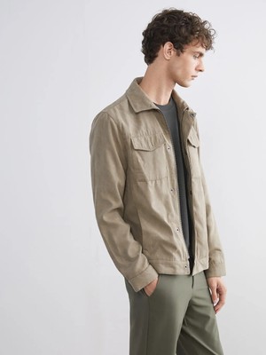 LC Waikiki Bej Standart Kalıp Gömlek Yaka Süet Erkek Mont