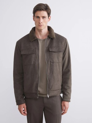 LC Waikiki Haki Slim Fit Kürk Yaka Süet Erkek Mont