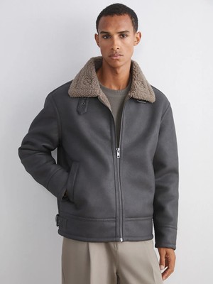 LC Waikiki Kahverengi Standart Kalıp Kürk Yaka Erkek Deri Görünümlü Mont