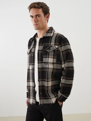 LC Waikiki Siyah Regular Fit Ekose Yün Karışımlı Erkek Gömlek Ceket