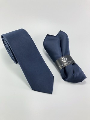 Pierroni Düz Renk Mendilli Kravat Koyu Lacivert Microfiber Kumaş Şıklığıyla Erkekler İçin