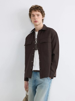 LC Waikiki Kahverengi Loose Fit Erkek Gabardin Gömlek Ceket