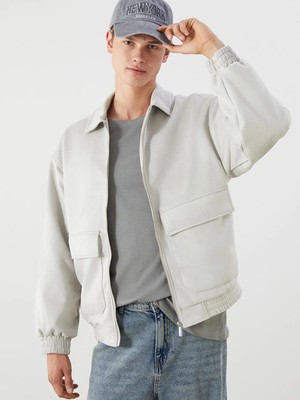 LC Waikiki Gri Rahat Kalıp Gömlek Yaka Süet Erkek Mont