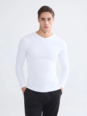 LC Waikiki Beyaz Bisiklet Yaka Uzun Kollu Erkek Atlet