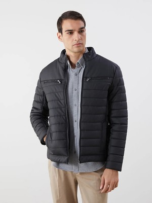 LC Waikiki Siyah Slim Fit Dik Yaka Erkek Deri Görünümlü Mont