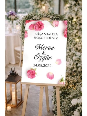 Reysa Tasarım Pembe Güllü Düğün, Nişan ve Söz Karşılama Panosu – 50X70 cm