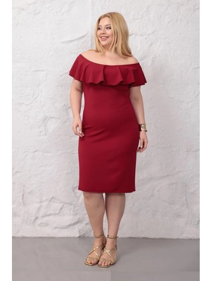 Madwilo Kadın Bordo Omuz Detay Fırfır Yaka Esnek Büyük Beden Elbise