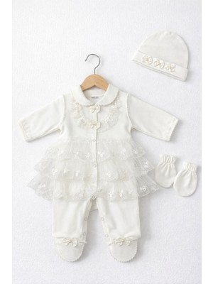 Kardeşler Bebe Dantelli Patikli Tulum Seti (Bere & Eldivenli)