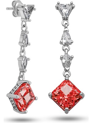 Tienda Elegante Gümüş Ice Cut Kırmızı Zirkon Taşlı Işıltılı Kadın Küpe