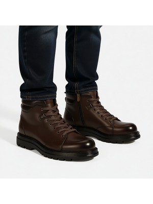 Desa Kahverengi Deri Bot Erkek Bağcıklı EVA Tabanlı Rahat ve Platform Topuklu