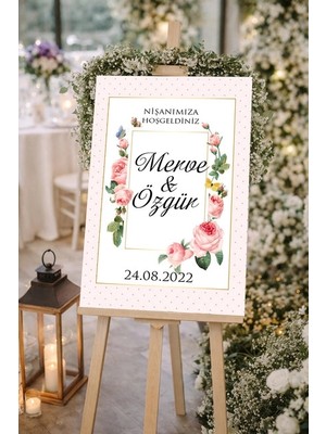 Reysa Tasarım Pembe Çiçekli Düğün, Nişan ve Söz Karşılama Panosu – 50X70 cm