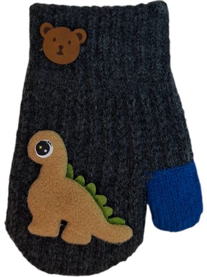 Spteks Kitti 1-3 Yaş Erkek Bebe Çocuk Siyah Renk Sevimli Dinozor Figürlü Kışlık Örme Eldiven
