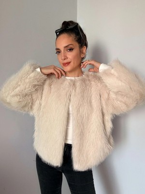 Ekru Astarlı Kısa Suni Kürk Ceket