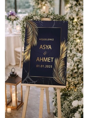 Reysa Tasarım Siyah Gold Çiçekli Düğün, Nişan ve Söz Karşılama Panosu – 50X70 cm