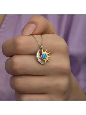 Tienda Elegante Gümüş Opal Mavi Taşlı Ay Güneş Kadın Kolye