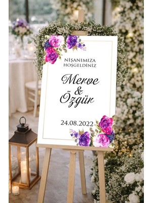 Reysa Tasarım Pembe Çiçekli Düğün, Nişan ve Söz Karşılama Panosu – 50X70 cm