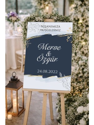 Reysa Tasarım Gri Detaylı ve Çiçekli Düğün, Nişan ve Söz Karşılama Panosu – 50X70 cm