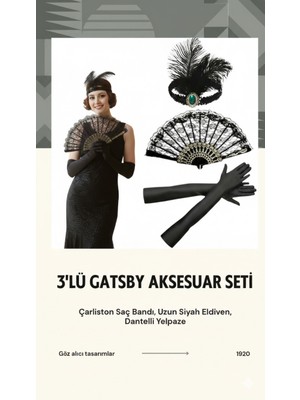 1920LER Retro Kostüm Seti - Yeşil Taşlı Charlston Tacı, Yelpaze ve Saten Eldiven 3'lü Set