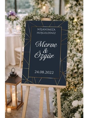 Reysa Tasarım Mavi Üzerine Gold Çerçeveli  Düğün, Nişan ve Söz Karşılama Panosu – 50X70 cm