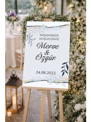Reysa Tasarım Gri Detaylı ve Çiçekli Düğün, Nişan ve Söz Karşılama Panosu – 50X70 cm