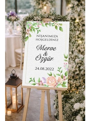 Reysa Tasarım Yeşil Dallı Çiçekli Düğün, Nişan ve Söz Karşılama Panosu – 50X70 cm