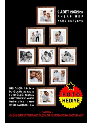 9 Adet 20X20 Çerçeve - Mdf Çerçeve - Fotoğraf Çerçevesi - Kare Çerçeve