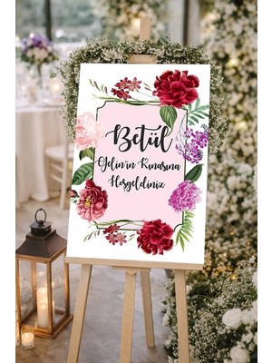 Reysa Tasarım Kırmızı Çiçekli  Düğün, Nişan ve Söz Karşılama Panosu – 50X70 cm