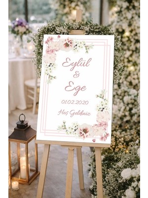 Reysa Tasarım Pembe Güllü Düğün, Nişan ve Söz Karşılama Panosu – 50X70 cm