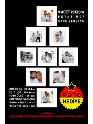 9 Adet 20X20 Çerçeve - Mdf Çerçeve - Fotoğraf Çerçevesi - Kare Çerçeve